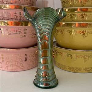 Antique Imperial Ripple Carnival Glass Vase Green Iridescent Ruffled c1911